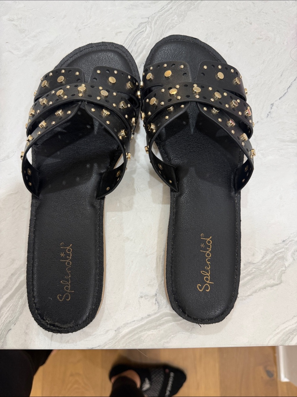 Splendid Black Slide Sandals with Gold Stud Accents